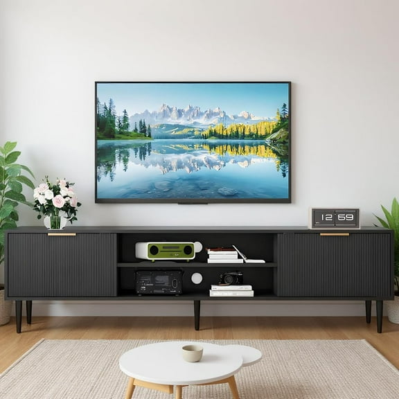 Black TV Stand,Mid Century Modern TV Stand for TVs Up to 75",  Entertainment Center with 2 Storage Cabinets & Fluted Panel Design – Stylish Media Console for Living Room, Bedroom, Office