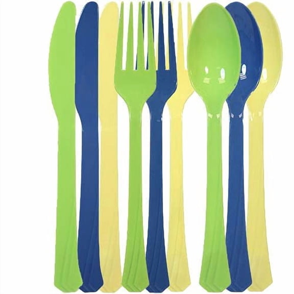 Tiger Chef 144-Pack Plastic Cutlery Set Heavy Duty Colored Plastic Silverware Set includes 48 Forks, 48 Teaspoons, and 48 Knives in Lime Green, Blue, Yellow