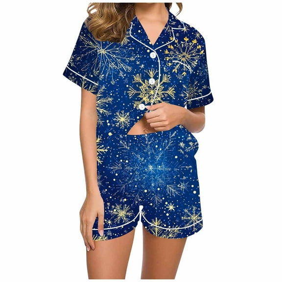 asdoklhq Silk Pajamas for Women Set Women Christmas Printed Stand Up Collar Pocket Short Sleeved Top Shorts Home Wear Pajama Set Blue S