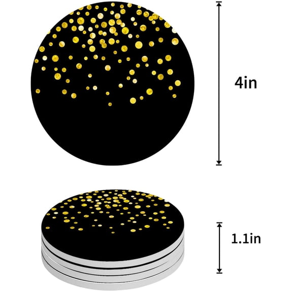 FMSHPON Golden Wave Point Black Set of 8 Round Coaster for Drinks, Absorbent Ceramic Stone Coasters Cup Mat with Cork Base for Home Kitchen Room Coffee Table Bar Decor