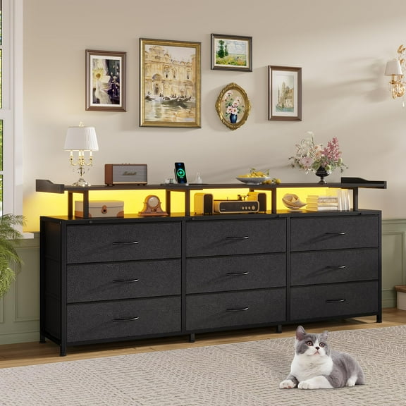 9 Drawers TV Stand Dresser for 65/75/50 inch TV, Entertainment Center, 63" W Large LED TV Stand with LED Lights & Power Outlets, TV Console for Bedroom,Black