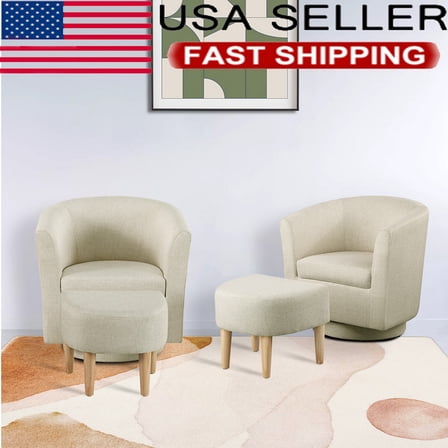 Modern Upholstered Swivel Barrel Chair Linen Fabric Accent Armchair W/ Ottoman