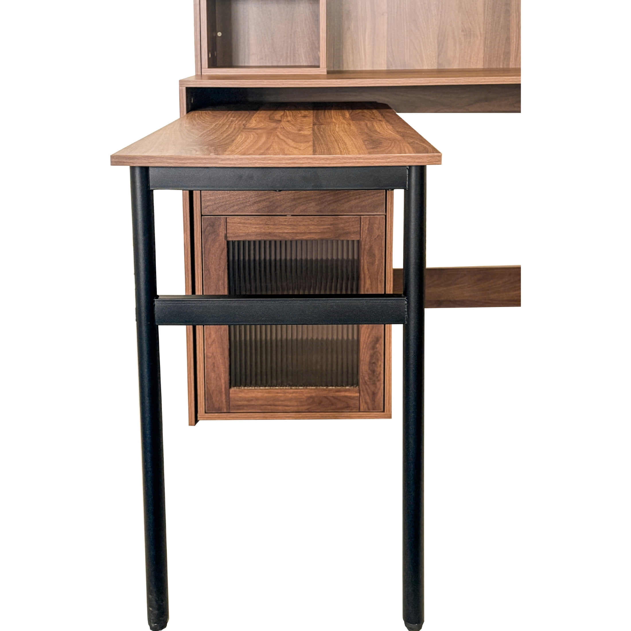 Noble House 70.87" Computer Desk with Hutch, Glass-Door Cabinets, 90° Rotating Desktop, Bookshelf & Drawer, Walnut