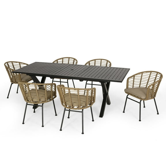 GDF Studio Saragus Outdoor Wicker and Aluminum 7 Piece Dining Set with Cushion, Light Brown, Matte Black, and Beige