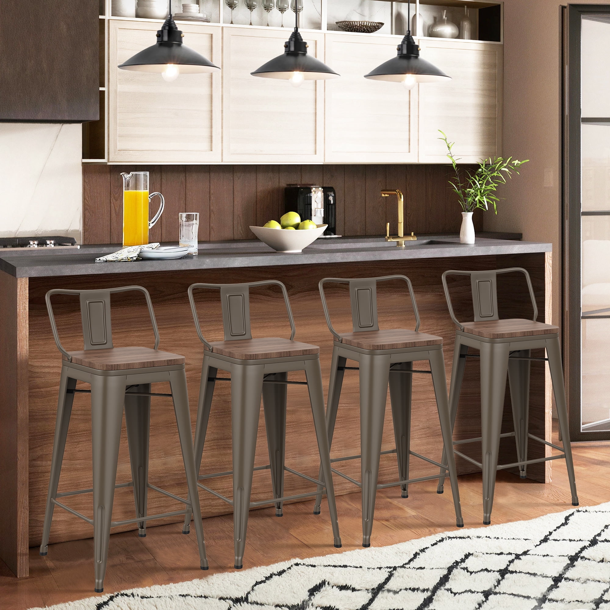 Bar Stools Set of 4 Bar Height Metal Barstools with Wood Seat Low Back Kitchen Bar Chairs