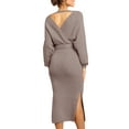 thumbnail image 3 of Women Long Maxi Sweater Dresses Sexy Wrap Batwing V Neck Slit Open Back Holiday Bodycon Dress, 3 of 4