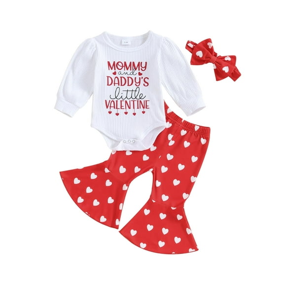 My First Valentines Day Baby Girl Outfit Daddy's Little Valentine Romper Bell Bottoms Headband Newborn Valentines Day Clothes