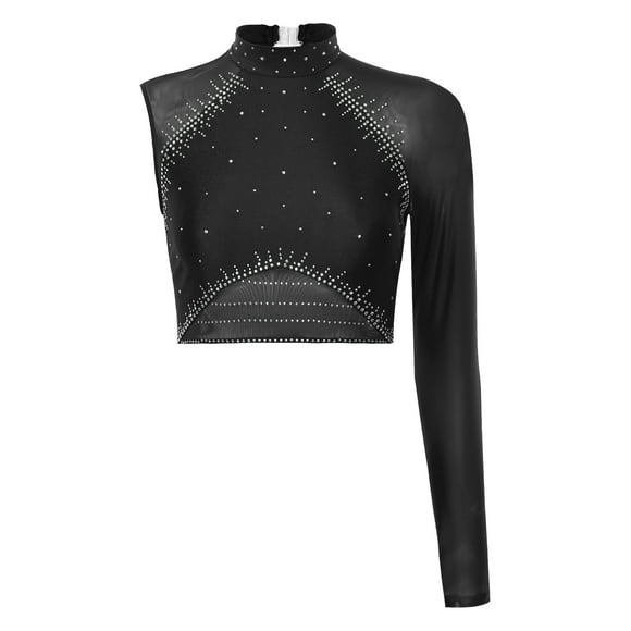 Rswnyirn Women Sequin Rhinestones Sheer Mesh Patchwork Crop Top Shirt Modern Contemporary Ballet Dancewear Black XL