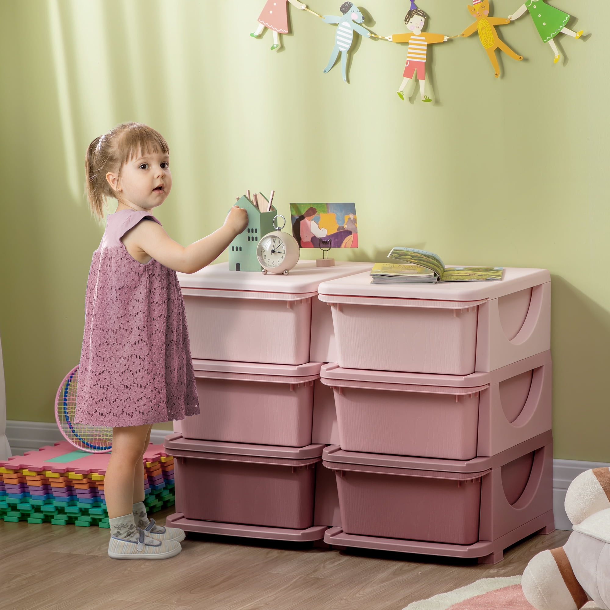 3 Tier Kids Storage Unit, 6 Drawer Chest Toy Organizer Plastic Bins for Kids Bedroom Nursery Kindergarten Living Room for Boys Girls Toddlers, Pink