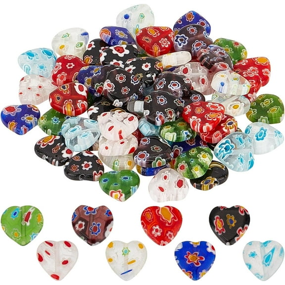 1 Box 80Pcs Glass Heart Beads Handmade Millefiori Glass Flower Bead Lampwork Beads Valentine's Day Red Heart Beads for Jewelry Making Beaded Bracelets Necklace DIY Craft Beading Supplies