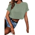 thumbnail image 4 of Langwyqu Summer Women Solid Color Casual Crop Tops Short Sleeve Crewneck T-Shirts, 4 of 5
