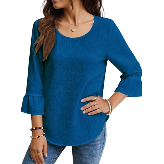 cocolona Womens Ruffle 3/4 Sleeve Tops Summer Solid Color Crew Neck Shirts Fashion Casual Loose Tunic Blouses