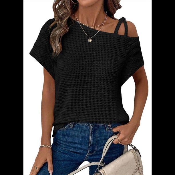 Camiseta Informal de Verano para Mujer, de Corta, con Hombros Descubiertos y Tejido Gofre, Talla XXL, Color Negro