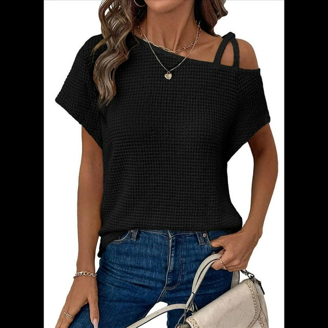 Camiseta Informal de Verano para Mujer, de Corta, con Hombros Descubiertos y Tejido Gofre, Color Negro, Talla S