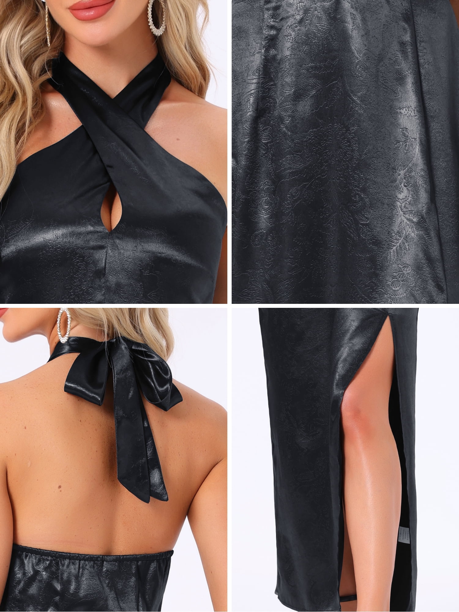 DARING DIVA Women's Satin Cocktail Halter Deep V Neck Sleeveless Dress L Black