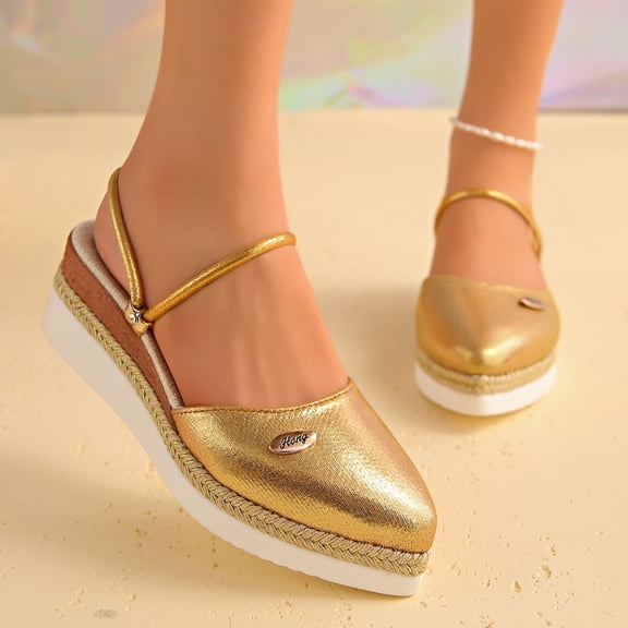 Xucatan Women's Wedge Sandals Dressy, Metallic Shimmer Closed Toe Mule with Ankle Strap, Spring Summer Casual Walking Footwear, Lightweight Woven Platform Design for Vacation Outfits Gift