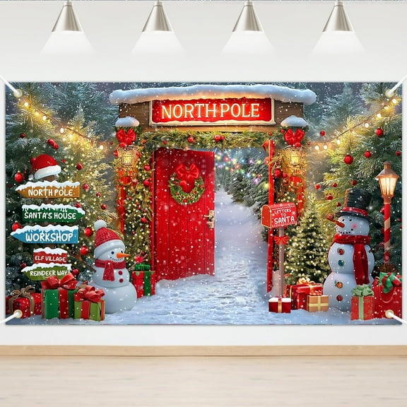 Mocsicka Christmas Village Backdrop North Pole Santa's House Banner Forest Red Door Christmas Banner Xmas Holiday Photo Background Party Decorations
