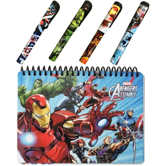 Avengers Autograph Book for Universal Studios and 4 Superhero Pens- Marvel Avengers Spiral Notebook, Hard Back, Iron Man, Captain America, Thor, Hulk and Black Widow Accessories