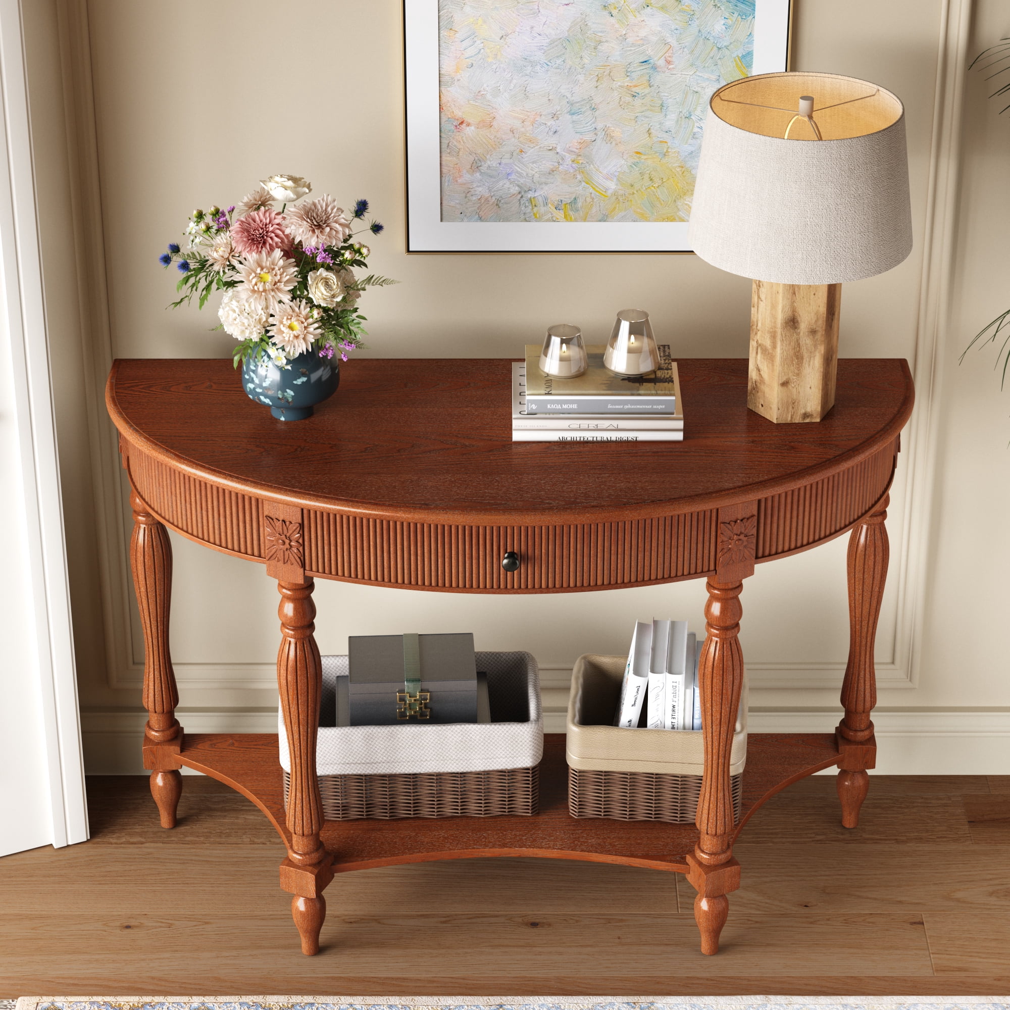 Solid Wood Half Moon Console Table with Drawer & Shelf, Fluted Vintage Curved Entryway Table for Hallway Living Room Foyer, Narrow Space Sofa Table with Roman Column Carved Legs, Rustic Brown