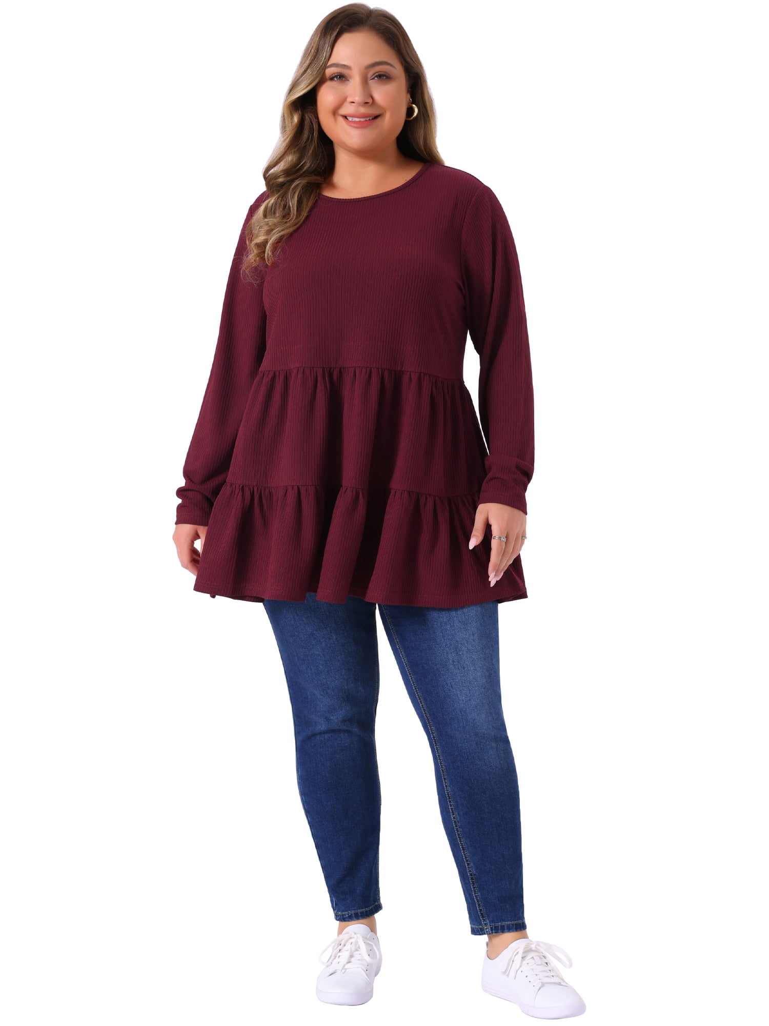 DARING DIVA Women's Plus Babydoll Crew Neck Casual Loose Peplum Tops 4X Burgundy