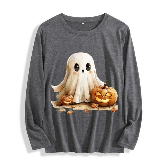 Drses‌‌ ‌‌‌Women's Spooky Crewneck T-Shirt - Cute Ghost Printed Top Halloween Gift Idea Crewneck Long Sleeve Casual Pullover‌ Shirt‌