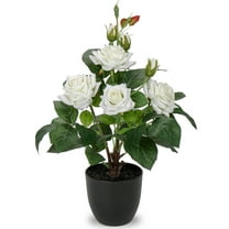 15" White Roses Artificial Flowers Potted Plant Faux Silk Flower with Black Pot Fake Rose Flower Arrangements Home Decor