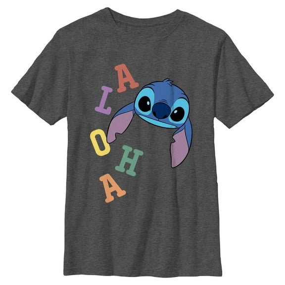 Boy's Lilo & Stitch Colorful Aloha Stitch Face  Graphic Tee Charcoal Heather Medium