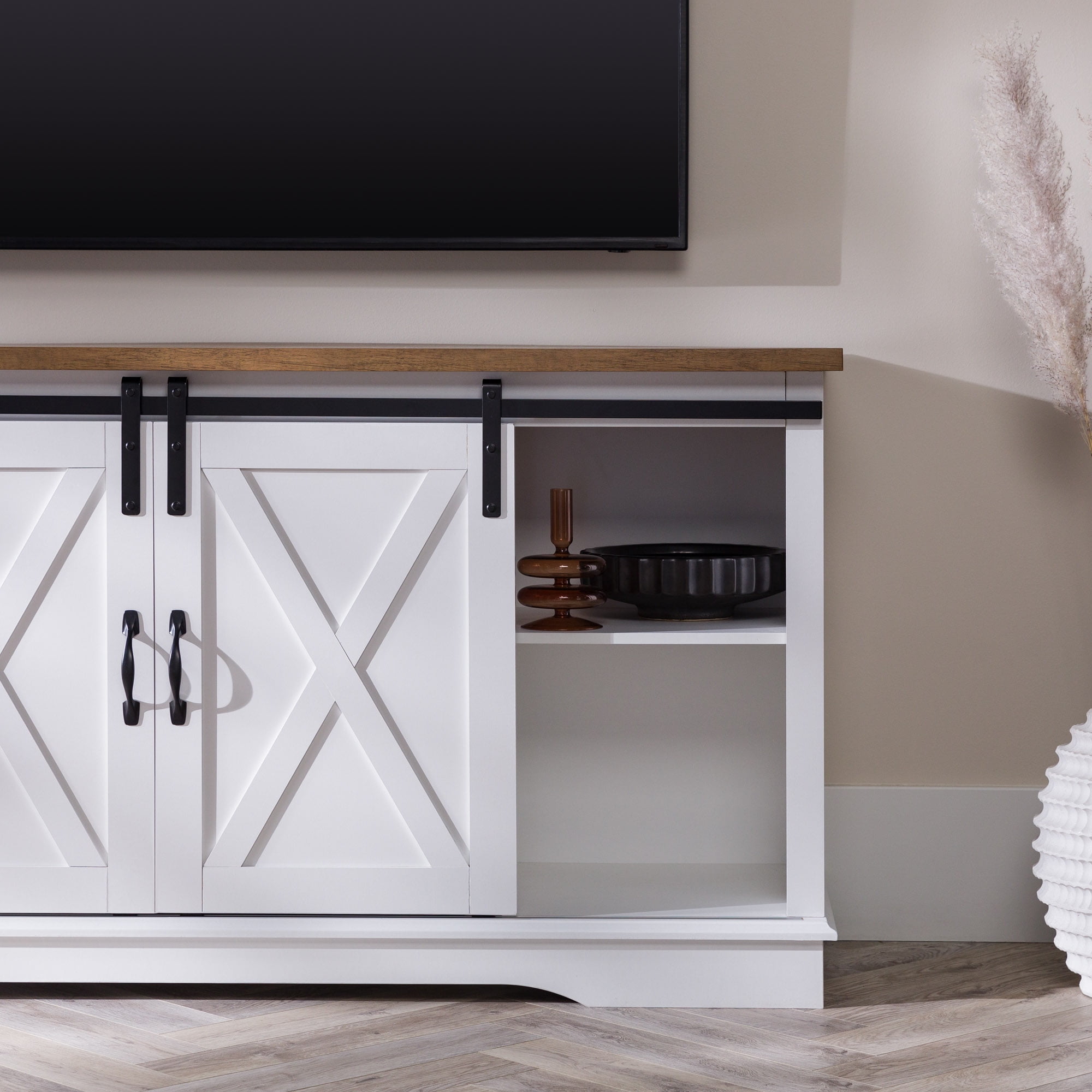 58 inch White Reclaimed Barnwood Sliding Barn Door TV Stand for TVs up to 65