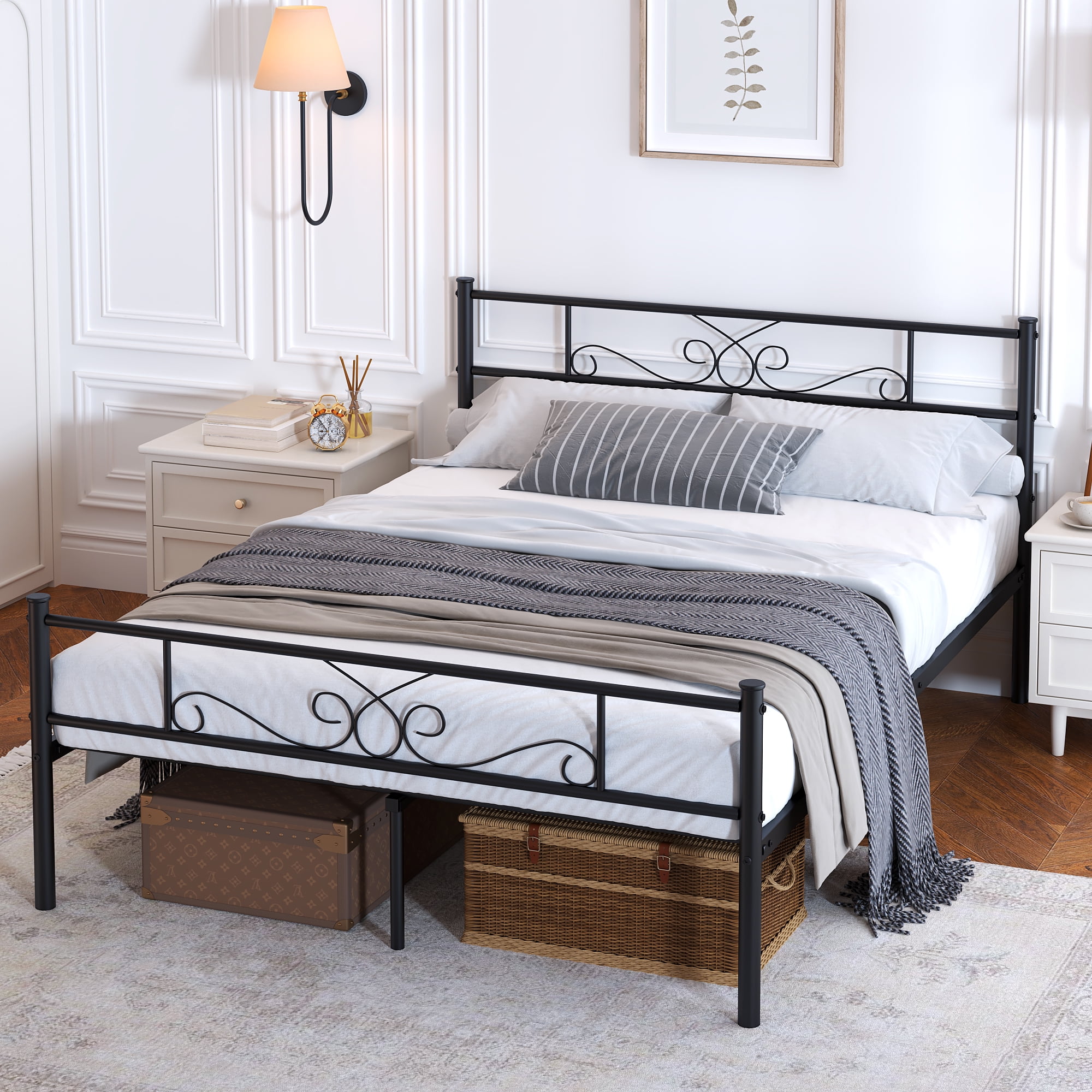 Yoneston Heavy Duty Metal Queen Size Platform Bed Frame with Vintage Headboard & Footboard for Adult Bedroom, Black