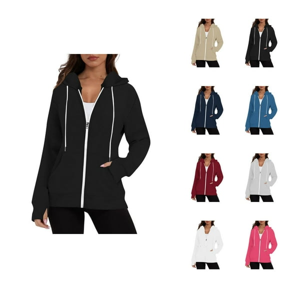 Plain Zip Up Hoodies for Women Long Sleeve Basic Hooded Sweatshirt with Pockets and Thumb Hole Hooded Jacket Outerwear