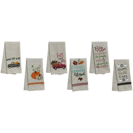 Set of 6, Fall  Harvest Halloween on Dark Linen 100% Cotton Vintage Saying Tea Towels/Kitchen Towel Size: 15” x 25".