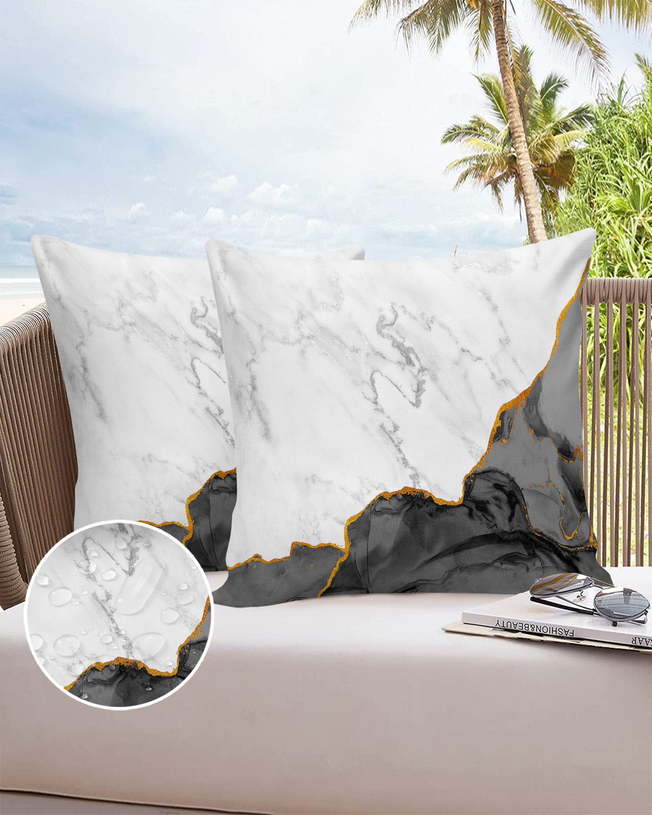 Pack of 2 Outdoor Pillow Covers, Black Grey White Marble Golden Lines Marble Abstract Art Modern Waterproof Square Throw Pillowcase Cushion Decorative Pillow Covers for Couch Patio Tent, 16x16 in