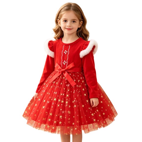 Rhuody Girls Christmas Dresses Xmas Long Sleeve Dresses Party Dance Kids Xmas Dress Charm Clothing