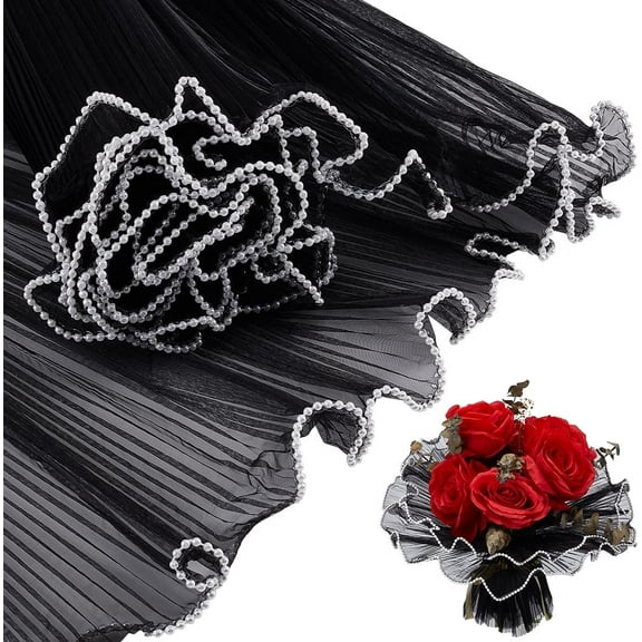 4.37 Yards Black Flower Wrapping Mesh Paper Pearl Edge Bouquet Packaging Paper Wrinkled Translucent for Wedding Decor Florist Supplies Wedding Festival Gifts Packaging
