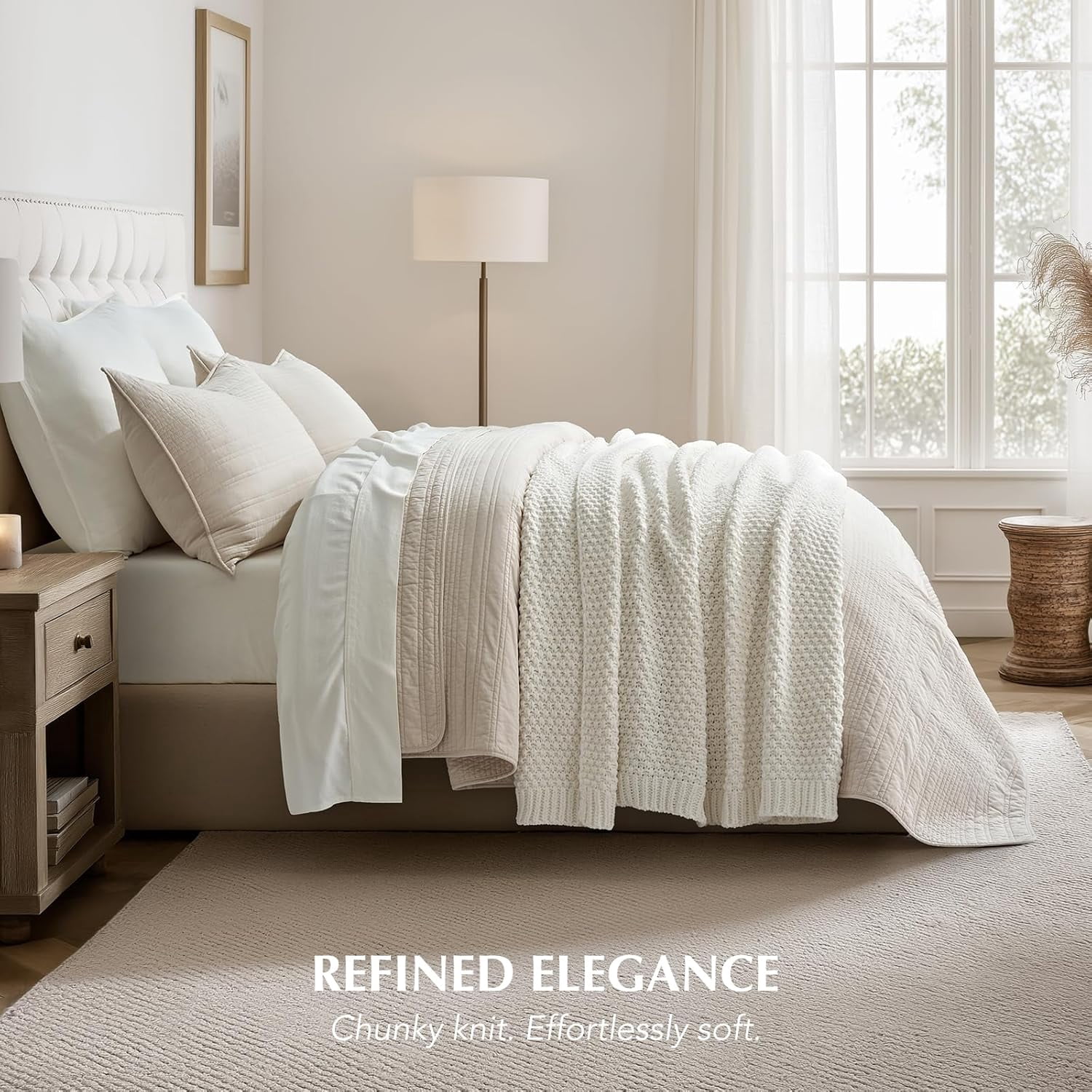 EVERGRACE Chunky Chenille Knit Throw Blanket for Couch, Soft Luxurious Moss Stitch Blankets for Bed, Cozy Decorative Farmhouse Knitted Throws for Sofa, Bright White, 60" x 80"