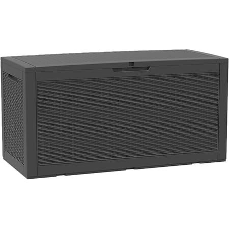 100 Gallon Deck Box Waterproof Outdoor Storage Bench Polypropylene PP Garden Tools Pool Towel Storage Bin Porch Delivery Box, Black