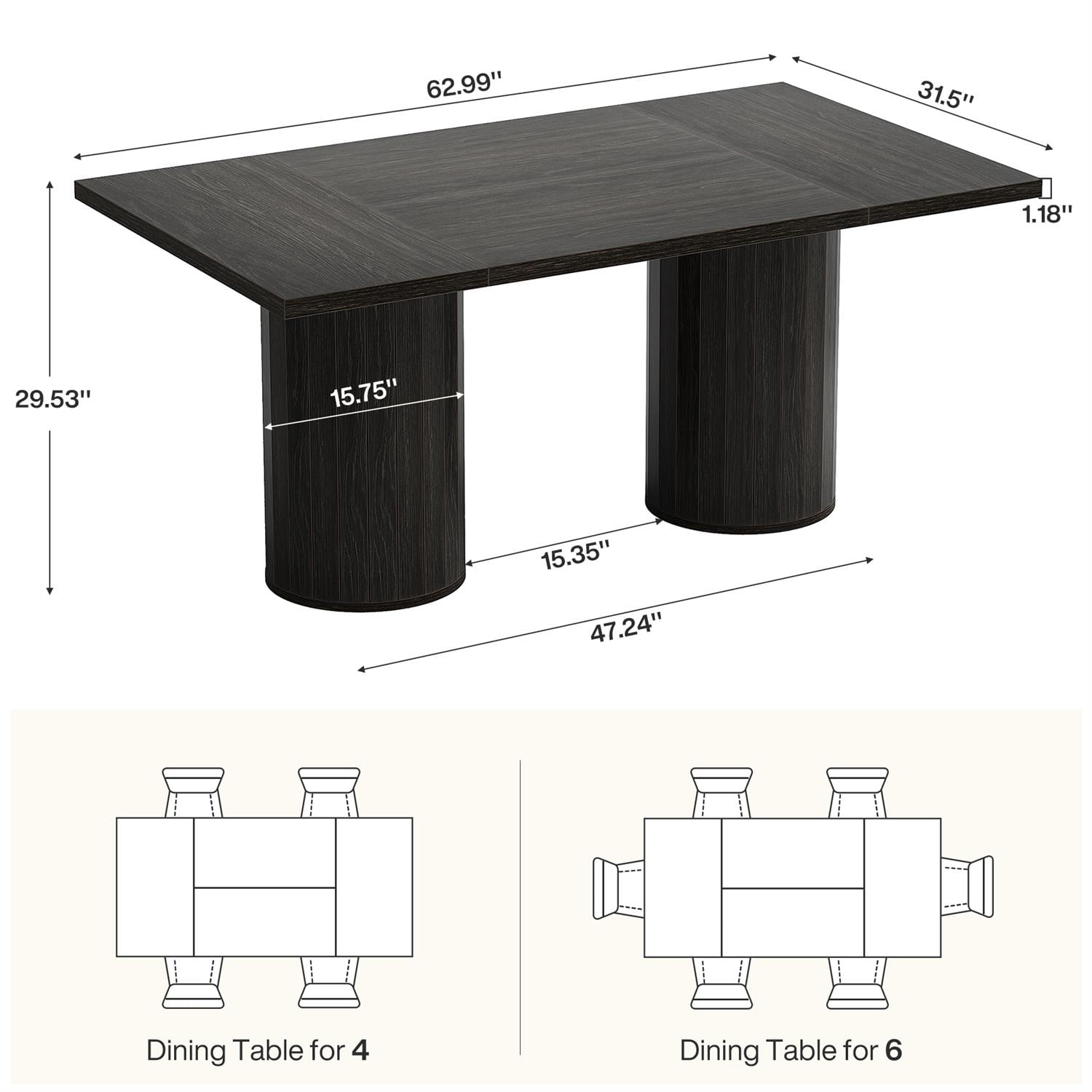 Demi Bonn 62" Modern Rectangular Dining Table Dark Wood Legs, Large Table Set for Family Dining, Sturdy Construction for Home and Kitchen, Black