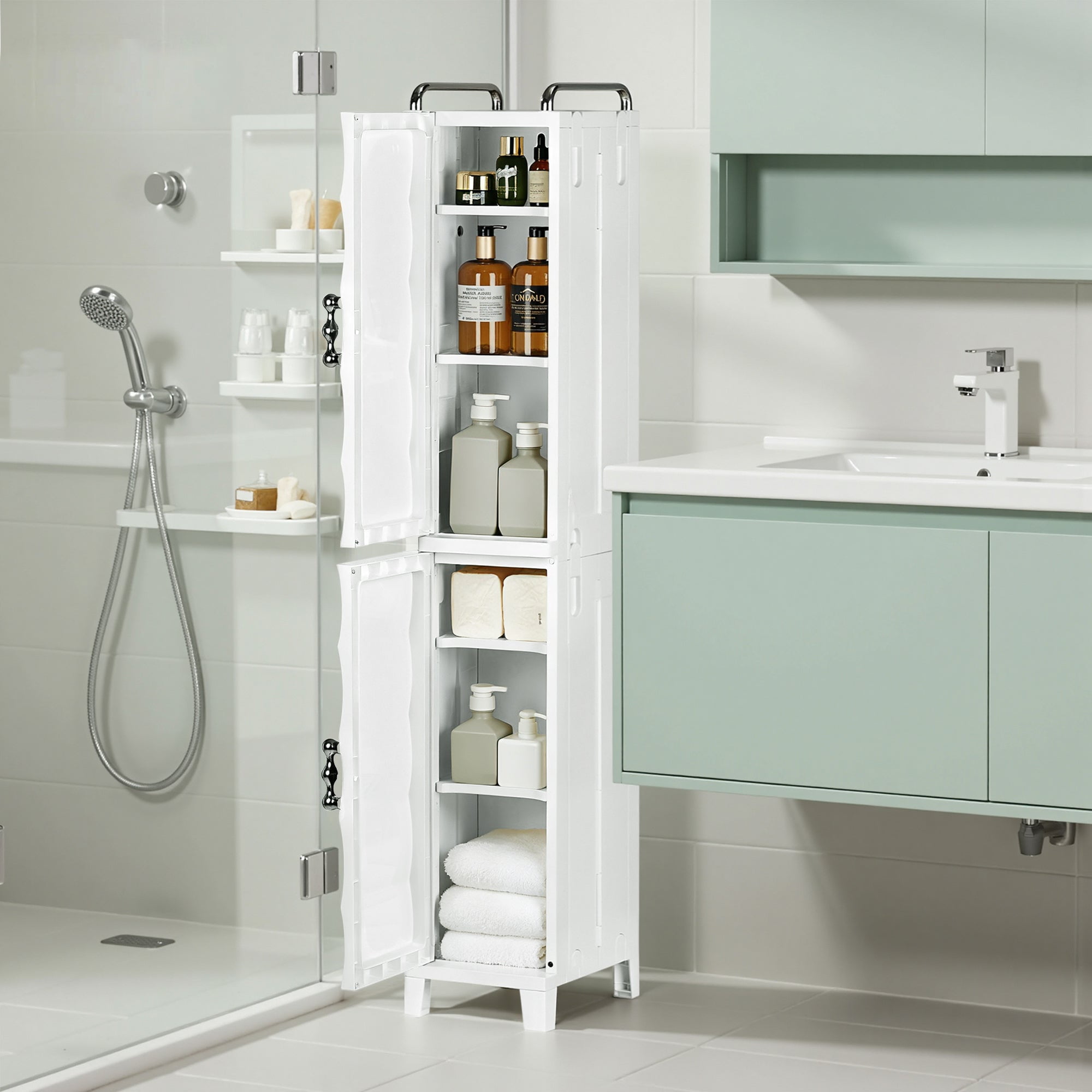 VECELO High Narrow Bathroom Storage Cabinet with Adjustable Shelves, 52.76” H Slim Freestanding Foldable Cabinet with Door, for Small Spaces, Kitchen, White