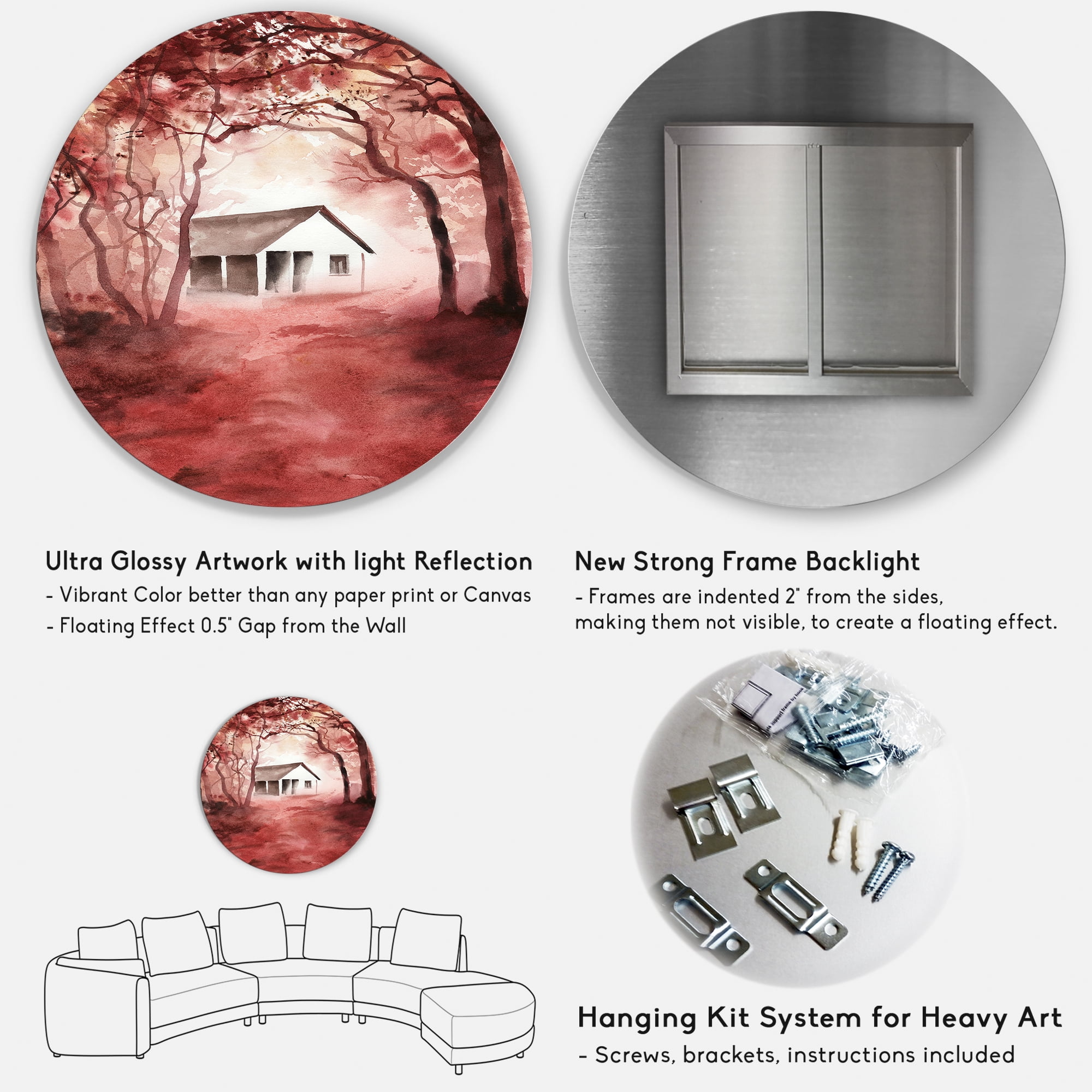 Designart 'Red Autumn Woods and A House in Wild' Cabin & Lodge Circle Metal Wall Art 36x36 - Disc of 36