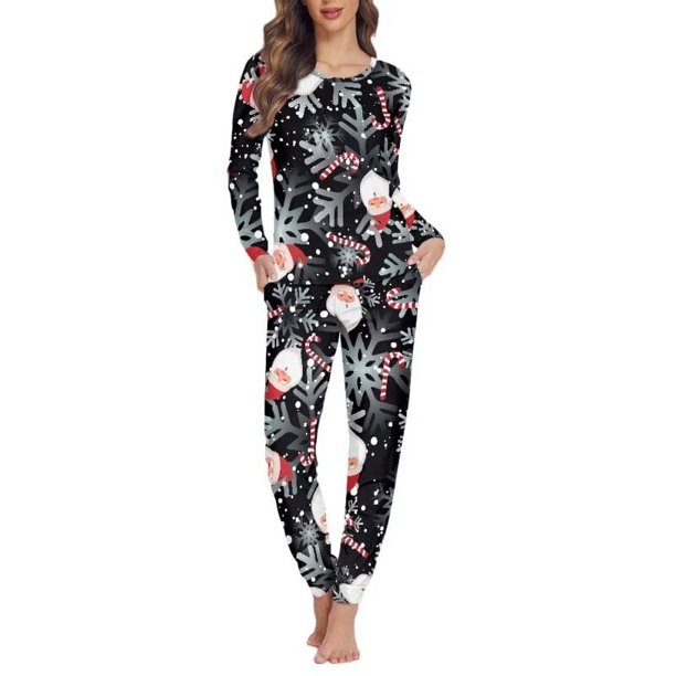 Conjunto de pijama de dos piezas para mujer, ropa de dormir de manga larga, jersey con patrón navideño, informal, a la moda