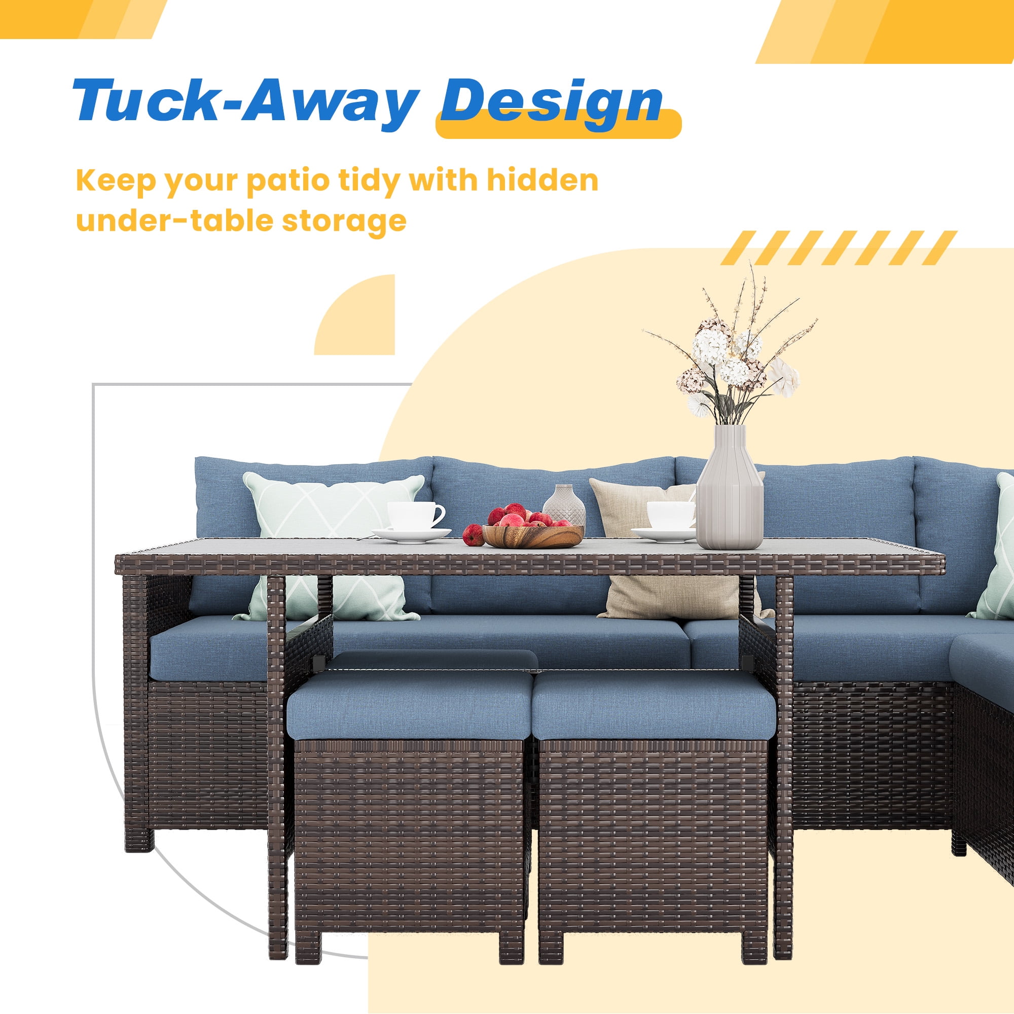Superjoe 7 Pieces Outdoor Patio Furniture Set with Ottoman, Blue