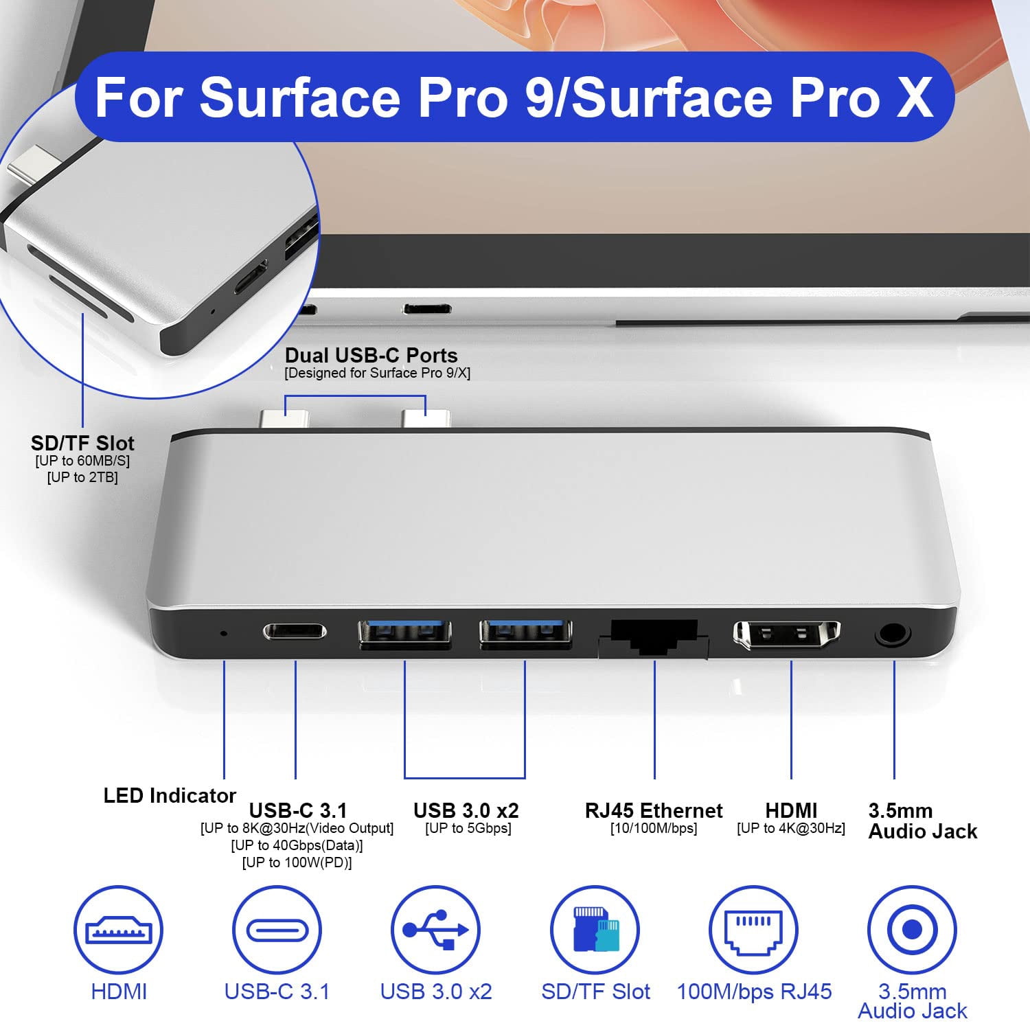 Surface Pro 9 Hub Docking Station with 4K HDMI, USB-C Thunerbolt 4(8K@30Hz Video+40G Data+100W Power), 100M RJ45, 2X USB3.0, SD+TF Card Slot, 3.5mm Audio, Triple Display for Surface Pro 9/Pro X