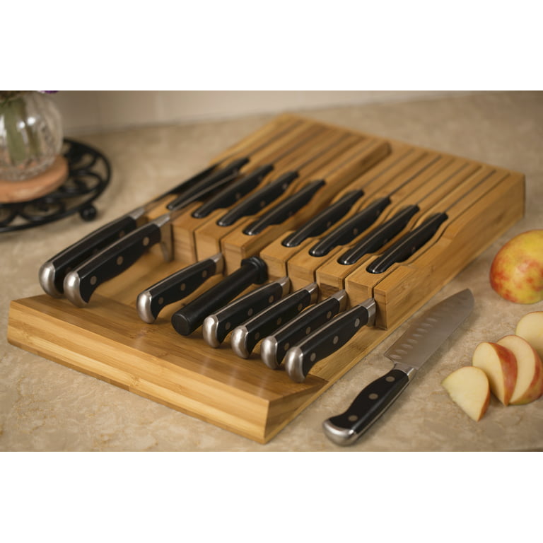 In-Drawer Bamboo Knife Block Holds 16 Knives (Not Included) Without  Pointing Up PLUS a Slot for your Knife Sharpener! Noble Home & Chef Knife