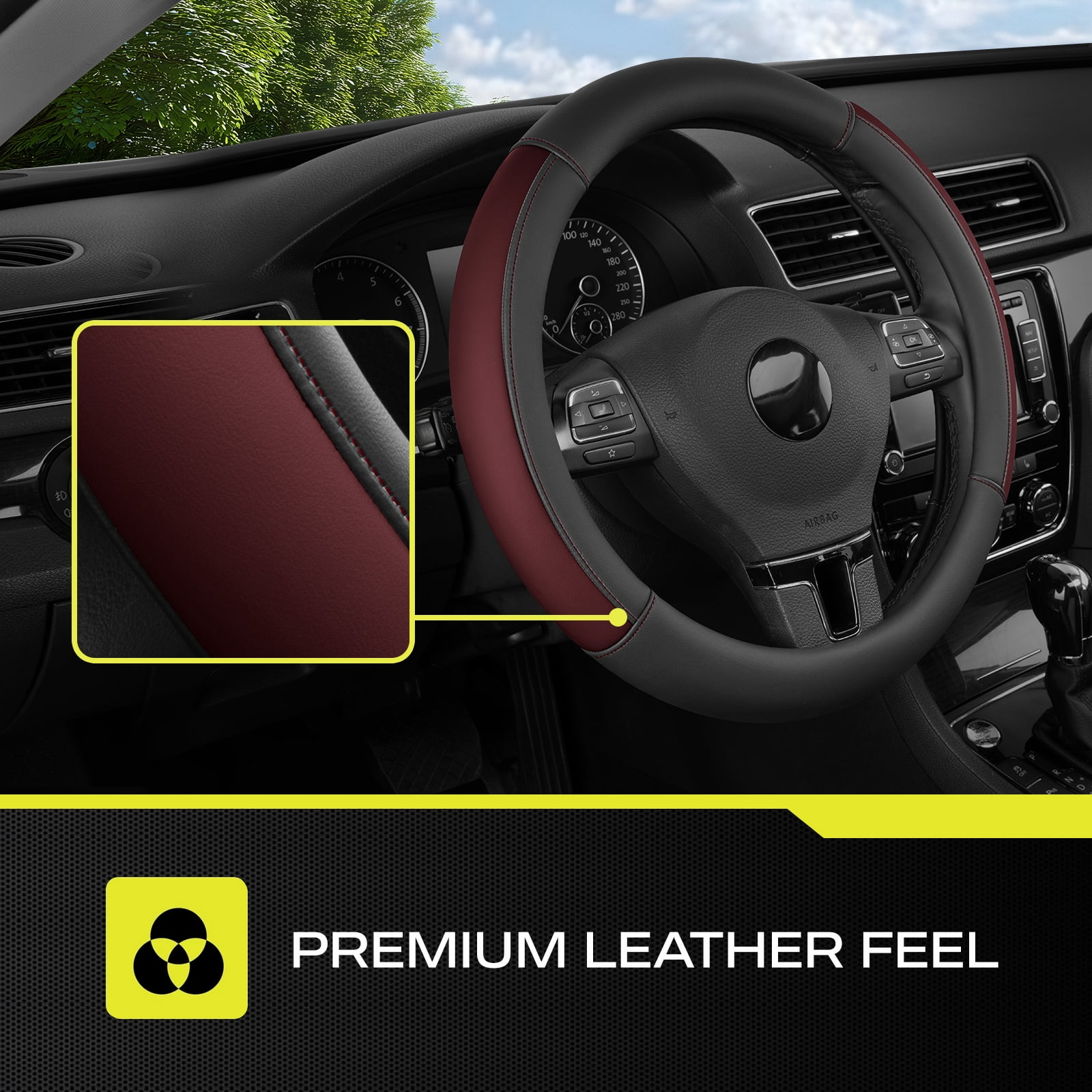 Auto Drive Steering Wheel Cover, Two-Tone Leather Steering Wheel Cover, Non-Slip Car Steering Wheel Cover Protector, Universal Fit for Cars SUV Truck, Fits 14.5"–15",Red