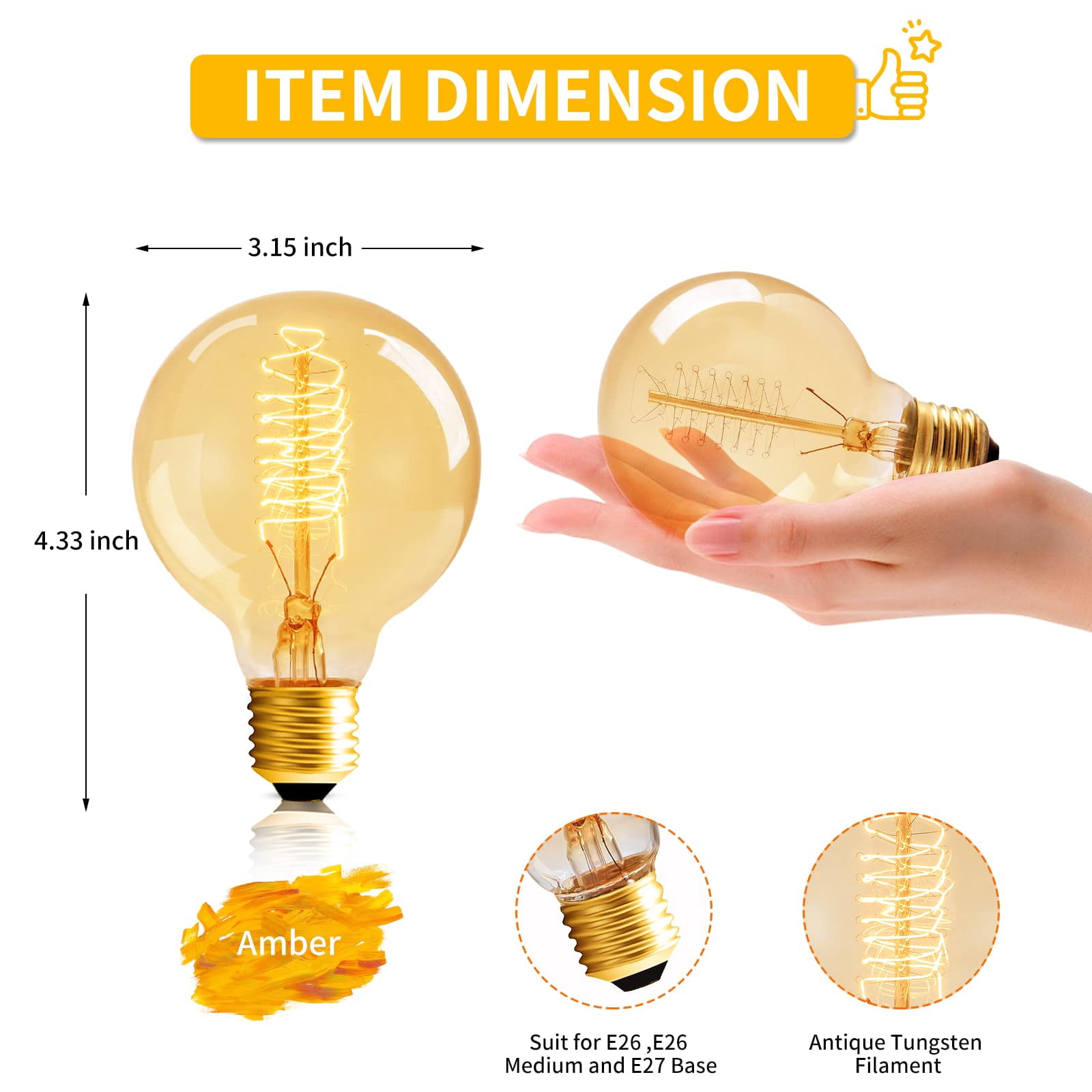 Globe Edison Bulbs, 6-Pack 60w Vintage Edison Light Bulb, Spiral Filament Edison Bulbs, E26 Base - Amber Tinted - 120VDimmable - G80 Decorative Lightbulbs