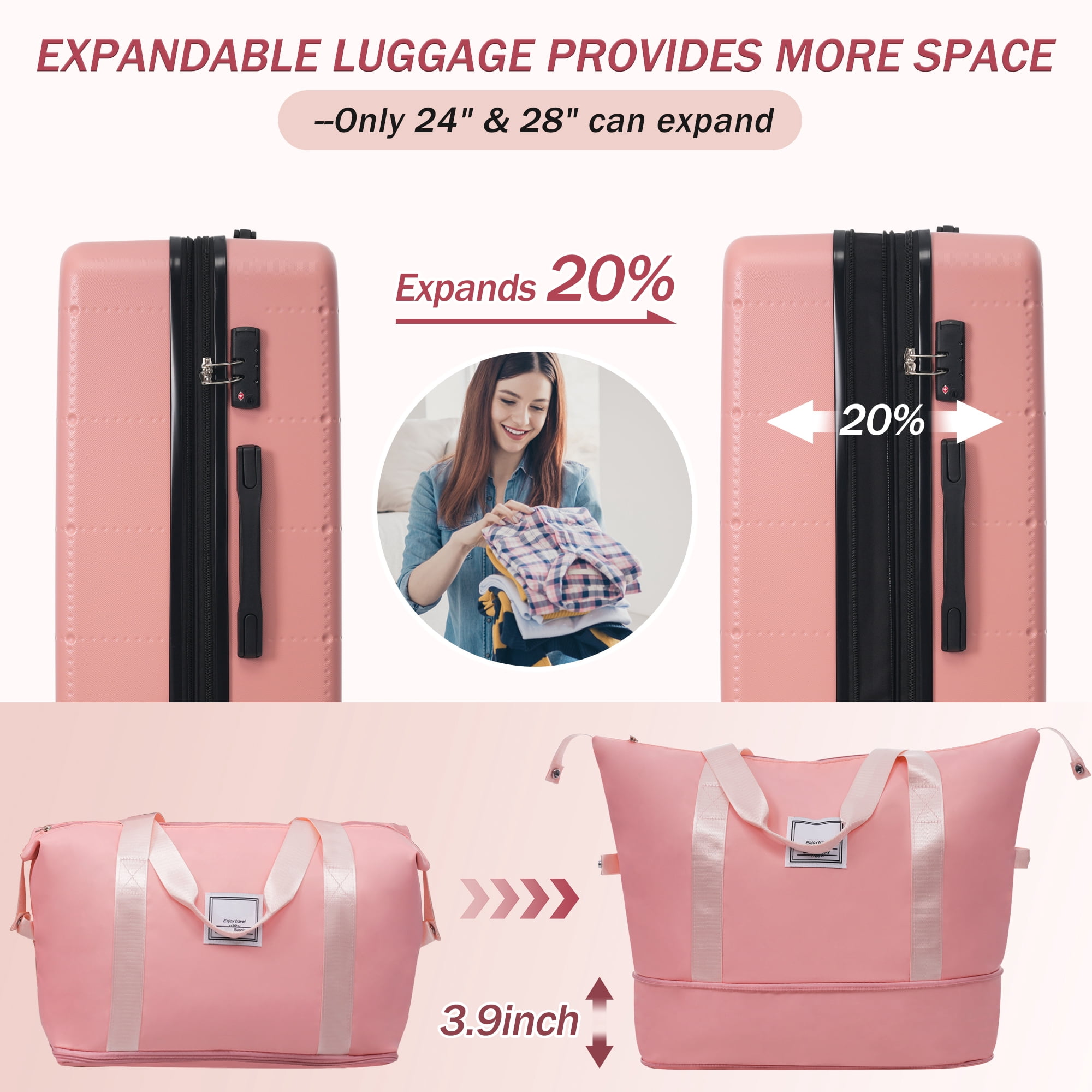 Euroco Luggage Sets 5 Piece, ABS Hardside Expandable Suitcase Set with TSA Lock Spinner Wheels and 2 Bags,20" Half-opening Carry on Luggage with USB Port for Travel,Light Pink(20"/24"/28")
