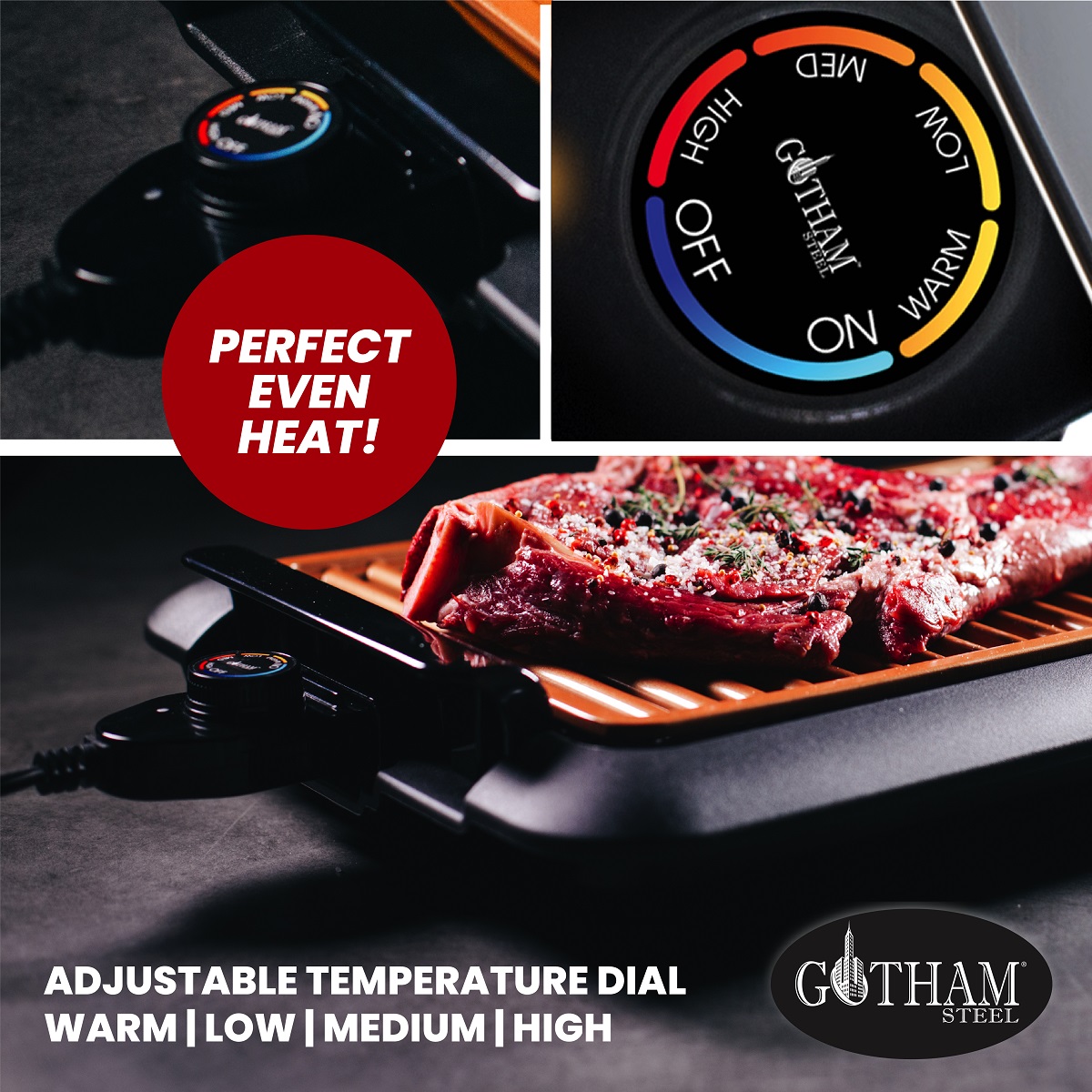 Gotham Steel Smokeless Indoor Grill, Ultra Nonstick Electric Grill, Dishwasher Safe Surface, Temp Control, Metal Utensil Safe, Barbeque Indoors with No Smoke! - image 4 of 7