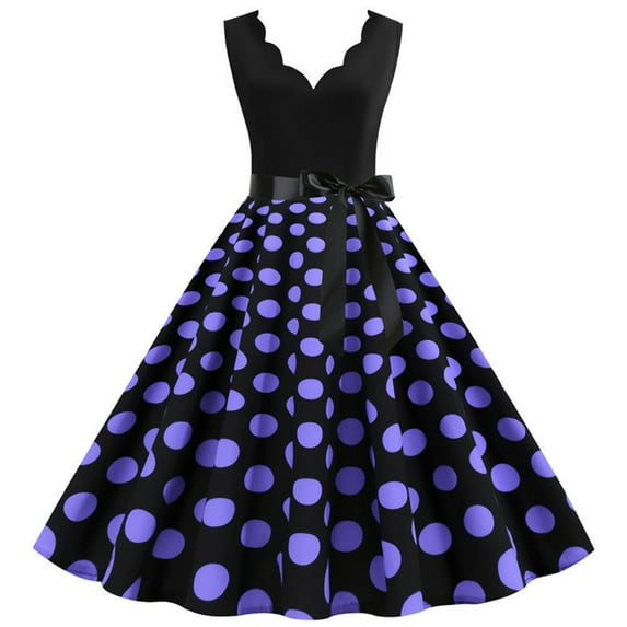 IROINNID Sleeveless V-Neck Dress For Women Fashion Flare Vintage Dress Prom Swing Polka Dot Party Dress Prints Below The Knee A-Line Dress