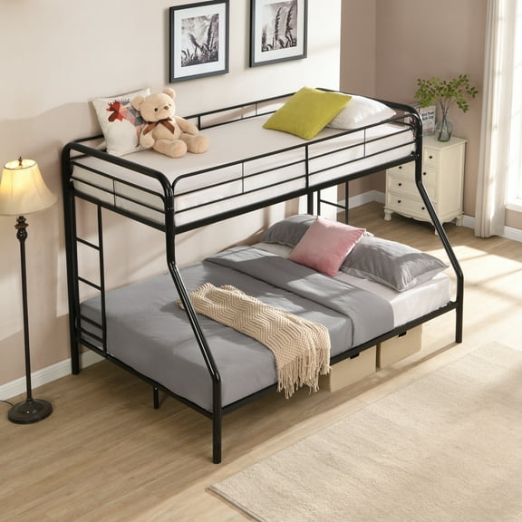 Gzxs Twin over Full Size Metal Bunk Bed with Built-in Ladders on Both Sides, Under-Bed Storage Space, Black