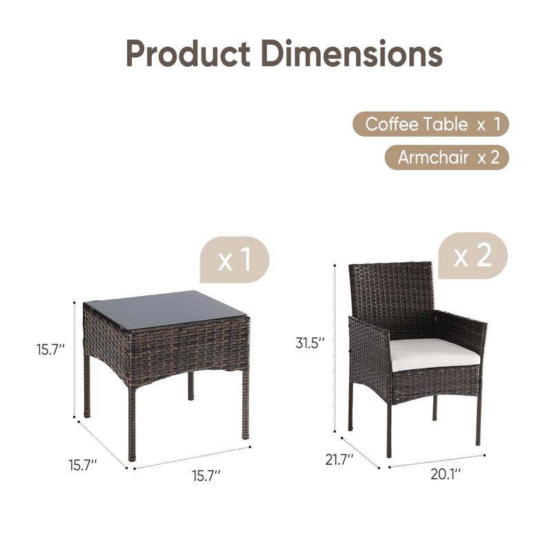 Gianna 3-Piece Patio Furniture Set, Outdoor Wicker Rattan Chairs with Removable Cushion & Glass Table, Conversation Furniture for Porch, Garden, Backyard, Poolside - Brown(new style)